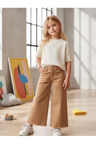 Zekids Kız Çocuk Pamuklu Paçaları Püsküllü Pantolon-16677 Camel