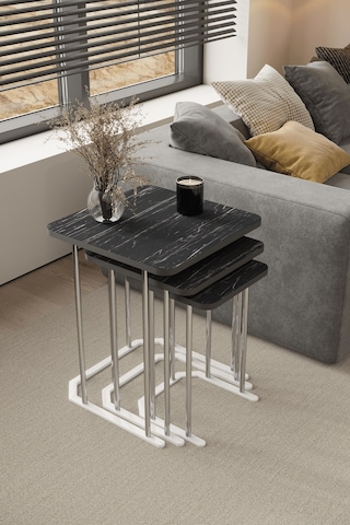 3' Lü Kare Zigon Sehpa Gümüş Ayak Siyah Mermer 18 Mm Mdf Gümüş - Siyah Mermer