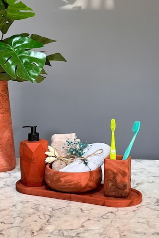 4'lü Terracotta Serisi Mermer Desenli Beton Banyo Seti Tuvalet Wc Sıvı Sabunluk Diş Fırçalığı Takım Kahverengi