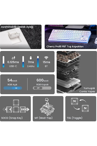 Aula F87 Pro V2 Mekanik Rgb Tkl Star Vector Switch Kablosuz Makrolu Hot Swap Klavye Desenli Beyaz