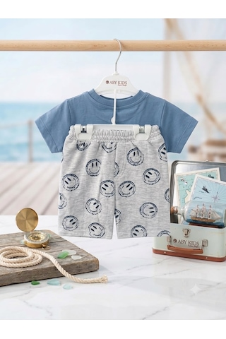 Aby Kids %100 Pamuklu Erkek Çocuk Smiley Baskılı Şortlu Takım - Mavi/gr açık mavi
