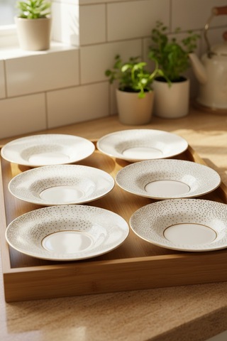 6 Kişilik Noktalı Altın Yaldızlı Çay Tabağı 12cm Beyaz
