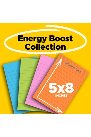Süper Yapışkan Çizgili Notlar, 4 Yapışkan Not Defteri, 12,7 X 20,32 Cm, Yurdunuzda, Evinizde Veya Ofisinizde Organizasyon İçin İdeal, Energy Boost Koleksiyonu