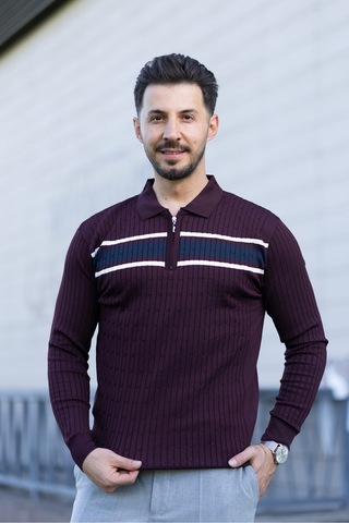 Hk Premium Kazak Polo Yaka Fermuarlı Şerit Detaylı Triko Bordo