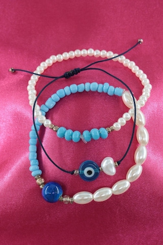 3lü Nazar Boncuklu İncili Boncuklu Asansörlü Lastikli İp Bileklik. Kadın İp Bileklik Halhal Çok Renkli