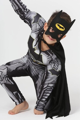 Life For Moda Erkek Çocuk Batman Pelerinli Ve Maskeli Kaslı Çocuk Kostümü Siyah