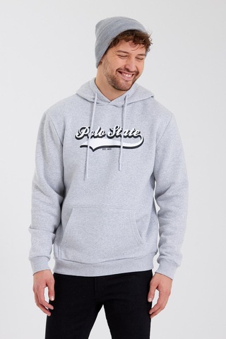 Erkek 3 İplik Pamuklu İçi Polarlı Baskılı Regular Fit Kapüşonlu Kanguru Cepli Gri Sweatshirt Gri