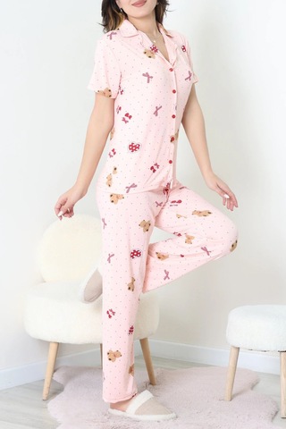 Modi Milan Kumaş Düğmeli Pijama Takımı Pudra - 750.1287. Açık Bej - Siyah