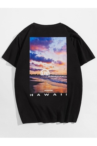 Erkek Siyah Oversize Hawaii Baskılı T-shirt Siyah-68437