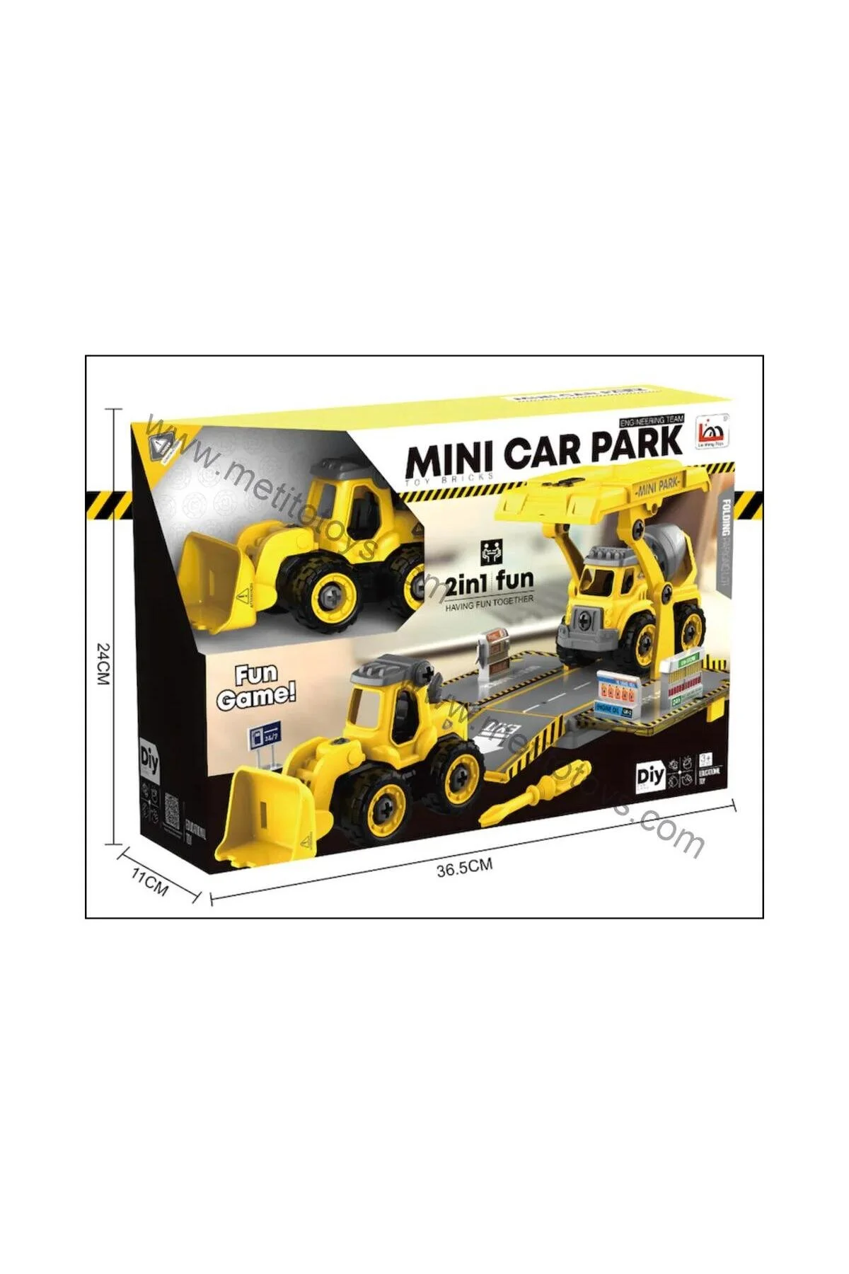 Metito Toys Sök-tak Otopark Seti, 70+ Parça, 2 Araç + 1 Otopark, Buldozer Ve Kum Kamyonlu, 3+ Yaş Hardal Sarısı