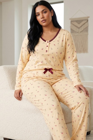 Siyah İnci Pamuklu Likralı Büyük Beden Battal Boy Örme Pijama Takım26240876 Sarı