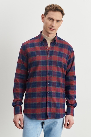 AC&Co / Altınyıldız Classics Comfort Fit Geniş Kesim Düğmeli Yaka %100 Pamuk Flanel Oduncu Gömlek 4A2023100031LBRM Lacivert - Bordo