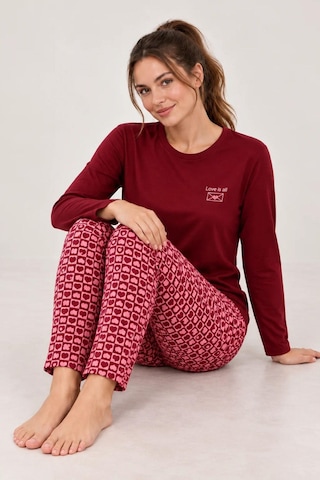 Gd Goldoremi Kadın Kalp Desenli Likralı Termal Kumaş Bordo Uzun Kollu Pijama Takımı