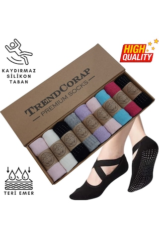 Trendcorap Premium Kadın Kaydırmaz Silikon Baskı Tabanlı Pilates Yoga Fitness Bale Dans Aktivite Çorabı 9'lu Renkli