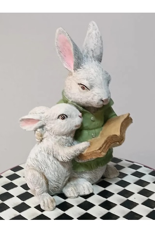 Sevimli Tavşan Biblo Kitap Okuyan Anne Çocuk Dekoratif Obje