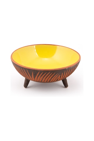 Seramik Ayaklı Rölyef Desenli Sunum Tabağı 30 Cm Sarı