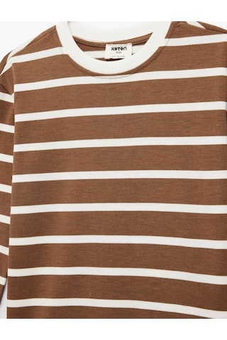 Koton Viskon Karışımlı Çizgili Kahverengi Kız Çocuk Uzun Kollu T-shirt 6skg10285ak Kahverengi