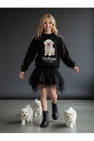 Kız Çocuk Pamuklu Köpek Baskılı Oversize Tasarım Sweatshirt-16472 Siyah