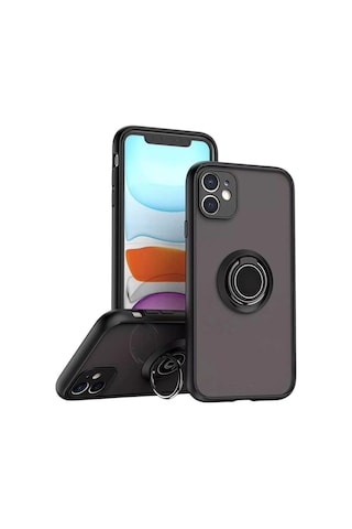 Apple Uyumlu iPhone 11 Kılıf Yüzüklü Standlı Extra Darbe Koruma Sert Silikon Kapak Siyah