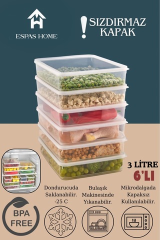 6'lı Sızdırmaz Freshbox Saklama Kabı Mikrodalga Ve Buzdolabı Uyumlu / 3000 Ml Şeffaf Şeffaf
