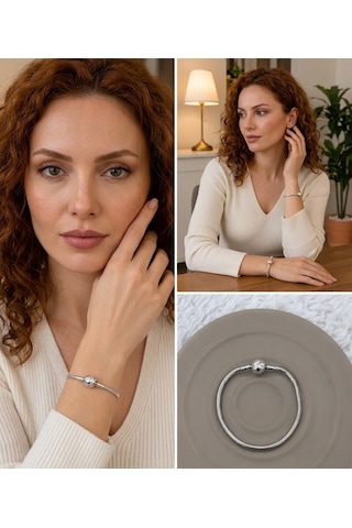 Premium Gümüş Renk Parlak Ve Modern Taş Detaylı Charm Uyumlu 316l Çelik Bileklik 18cm