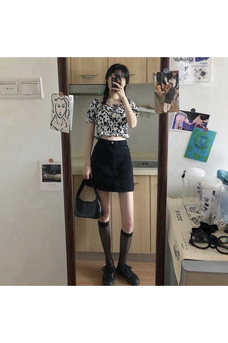 Siyah&gri Yaz Retro Basit Yüksek Bel Kot Etek Kadın Evaze Elbise Moda Yarım Uzunlukta Rahat Kısa Kot Pantolon Etek Siyah - Gri