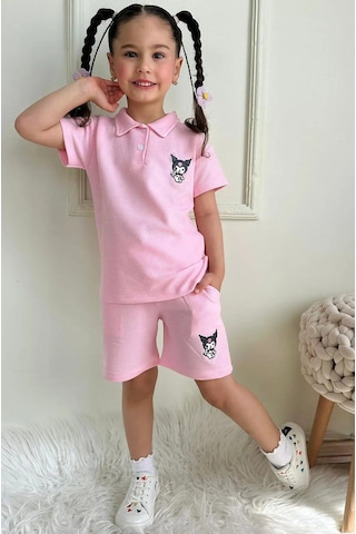 Lillypicca Kız Çocuk Waffle Kumaş Polo Yaka 2'li Şortlu Takım - 1046 Lila
