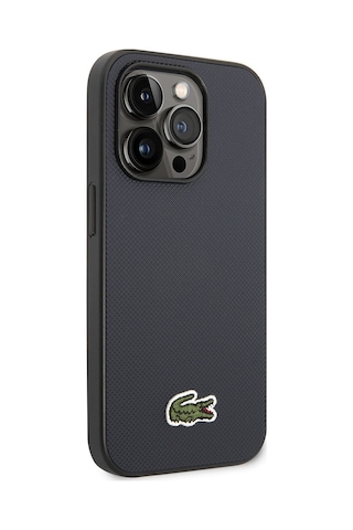 Apple Uyumlu iPhone 14 Pro Max Kılıf Lacoste Lisanslı Pu Pike Desenli İkonik Timsah Dokuma Logolu Lacivert