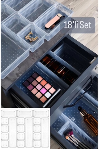 18 Li Modüler Çekmece İçi Düzenleyici Takı Kutusu Makyaj Organize Şeffaf