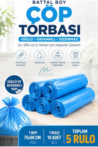 Çöp Torbası Battal Boy 10'lu X 5 Rulo Mavi Çöp Poşeti 75x90 Cm