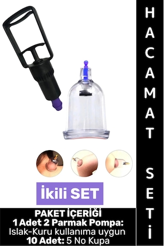 Hacamatseti Islak Kuru Kullanıma Uygun 2 Parmak Pompa 10 Adet 5 No Kupa Çekme İkili Hacamat Seti