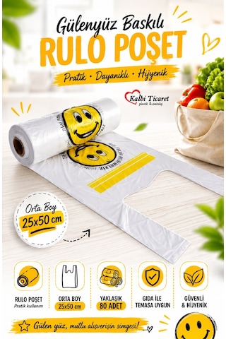 Rulo Poşet Orta Boy Gülenyüz Baskılı Poşet Hışır Atlet Poşet Market Manav Poşeti Beyaz Poşet