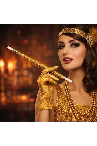 Mey İthalat 30 Cm Altın Gold Payetli Sigara Tutacağı 1920 Ler Gatsby Parti Aksesuarı