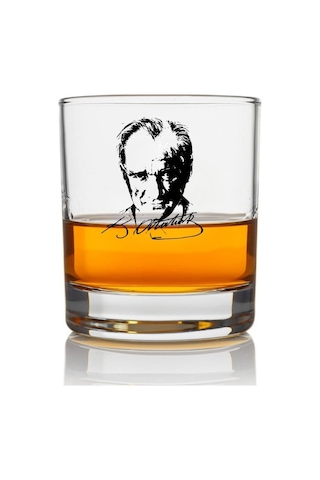 Atatürk İmzalı Ve Portreli Viski Bardağı - Mustafa Kemal Atatürk Baskılı Cam Sunum Bardağı, Hediyelik Şık Likör Ve Meşrubat Bardağı Beyaz