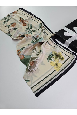 Miorel Scarfs Yeni Sezon Çiçek Desen Vual İpek Şal Fular Silk Scarfs Shawl Hijab Krem