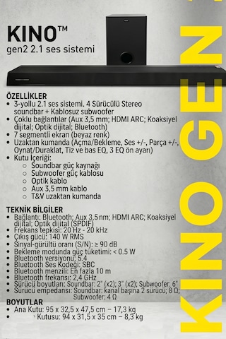 Kino Gen2 140w Rms Soundbar + Subwoofer 2.1 Hoparlör Bluetooth Hdmı Uzaktan Kumanda