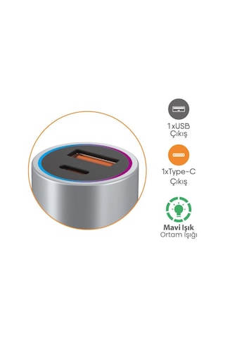 Tr 45w Hızlı Araç Şarj Başlığı, Usb + Pd Çift Çıkış, Siyah