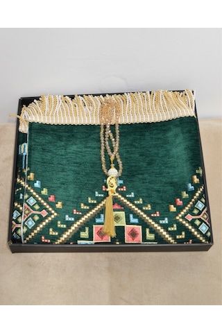 Hediyelik Seccade Tesbih Seti Kilim Desenli Kadife Astarlı Seccade, Kristal Tesbih Ve Özel Kutulu Lüks Hediye Seti Yeşil