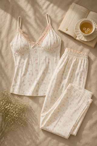 Koza İç Giyim Kadın Pamuklu Kaplı Askılı Dantelli Pijama Takımı Kk30131 Pembe - Ekru