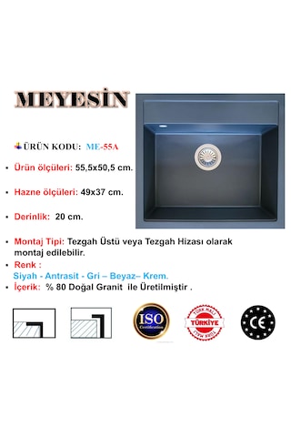 Meyesin ME-55A Granit Tek Göz Mutfak Evyesi Antrasit 50 x 55 CM