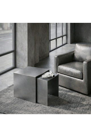 Modern Metal Zigon Sehpa Seti Minimal Tasarım İç İçe Geçen Yan Sehpa 2 Li Set Gri