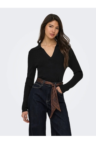 Only Onlkaya Ls Polo Knt Noos Kadın Polo Yaka Triko Kazak 15344841 Siyah