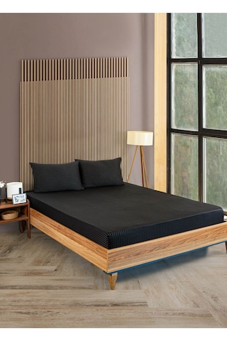 Çizgili Pamuk Saten 1 Adet 100x200 30 Tek Kişilik Lastikli Çarşaf Siyah