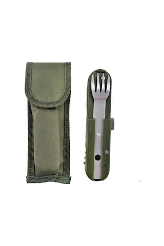 Knivox Çok Fonksiyonlu Paslanmaz Çelik Kamp Çakısı - Çatal Kaşık Açacaklı Outdoor Set Haki
