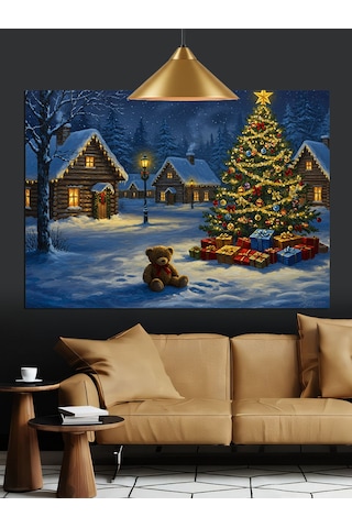 Karlı Kış Evi Ağaç Noel Dekoratif Kanvas - Mdf Ahşap Tablo