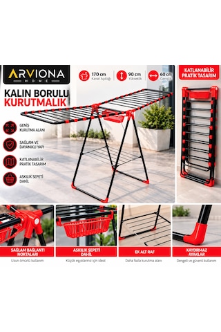 Arvıona Home 170 Cm Kalın Borulu Katlanabilir Metal Çamaşır Kurutmalığı 8 Borulu Kırmızı
