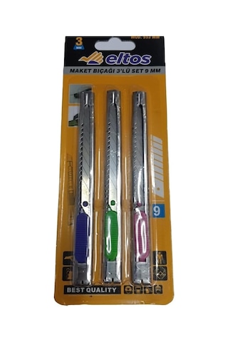 Eltos 3'lü Metal Maket Bıçağı Seti - 9mm İnce Dar Tip, Paslanmaz Çelik Gövde, Hassas Kesim İçin Kilitli Mekani