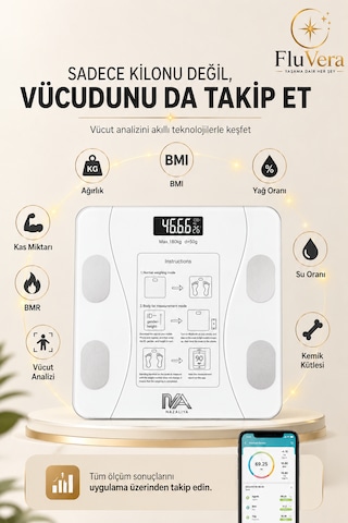 Pilli Bluetooth Akıllı Baskül Vücut Yağ Su Kas Vücut Kitle Endeksi Analizli Dijital Tartı 180 Kg 50 Gr Hassasiyet Bmı Yağ Su Kas Ölçer