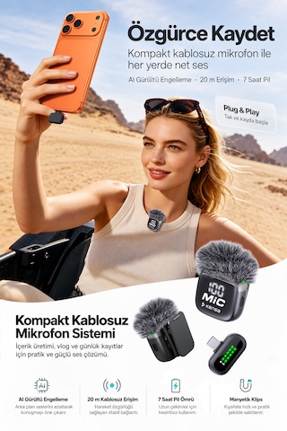 Kensa 2 Li Kablosuz Yaka Mikrofonu Type-c İphone Android Uyumlu