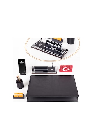 Redora Türk Bayraklı Biblolu Gümüş Renk Deri Ofis Sümen Seti İsme Özel Masa İsimliği Masaüstü Seti